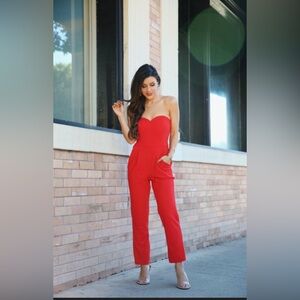 Express Red Sweetheart Neckline Strapless Jumpsuit